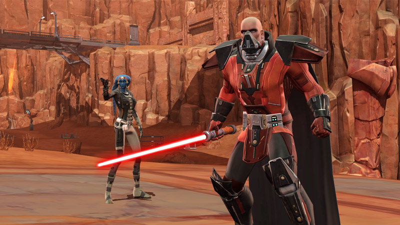A Sith Warrior stands his ground with his companion Vette