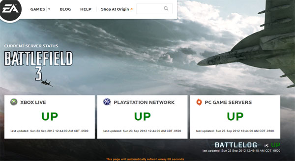 Battlefield 3 server status page
