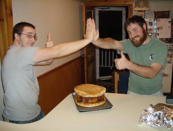 Bacon and Cheese Stuffed Pizza Burger! My best friend Brian (Right) and Myself (Left) after completing the Bacon and Cheese Stuffed Pizza Burger