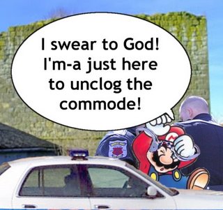 Commode Mario gets arrested trying to break into Bowser's castle.